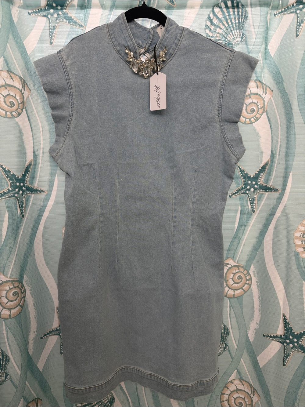 Embellished Collar Light Blue Denim Mini Dress